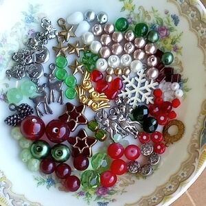 Czech Glass Beads Christmas Holiday Craft Bead Lot Mix Red Green Gold Silver